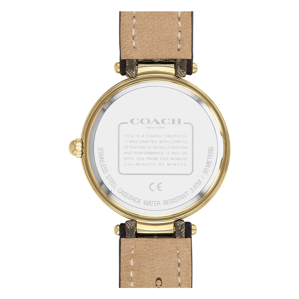 Coach Jacquard watch caseback showing engraved Coach branding and water resistance information