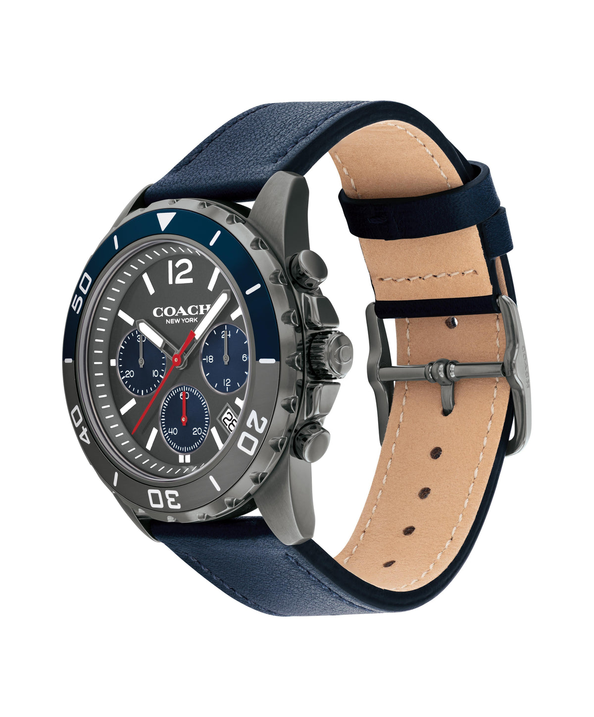 Coach Kent watch side view showing stainless steel case, chronograph pushers, and blue leather strap with tan leather lining