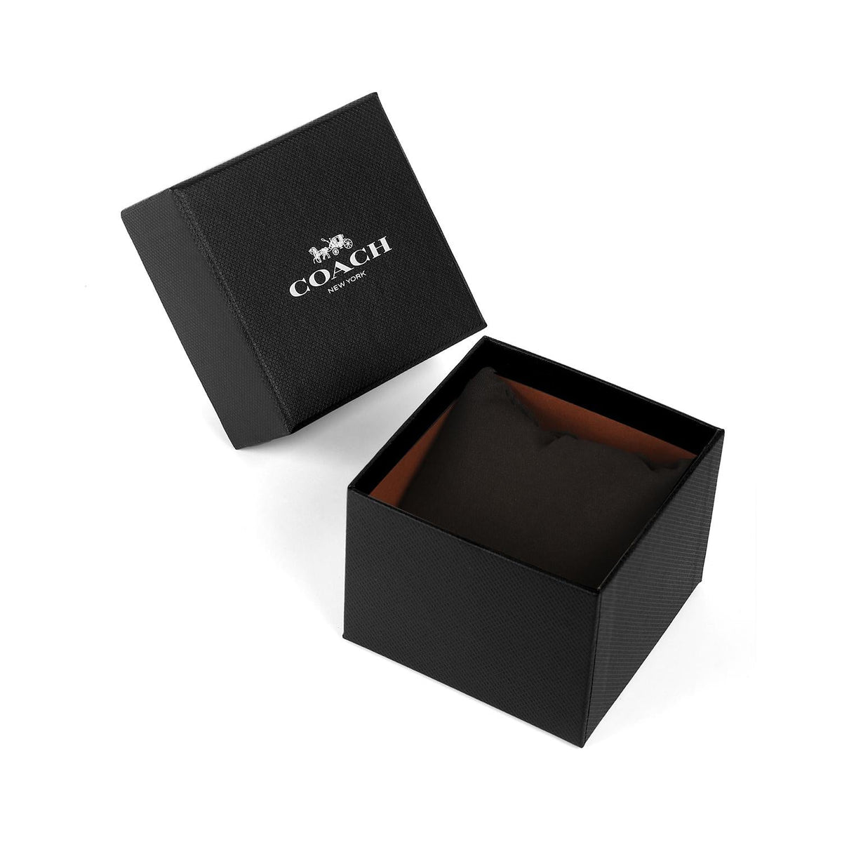 Coach Kent watch packaging with black box featuring Coach logo and open display showing interior