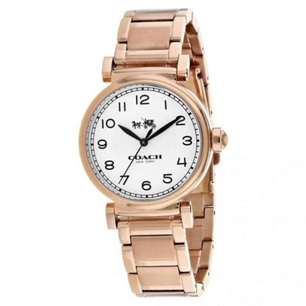 Coach Madison watch displayed at three-quarter angle showing white dial and rose gold bracelet