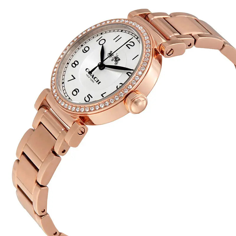 Coach Madison ladies watch side view showing crystal bezel and rose gold stainless steel bracelet