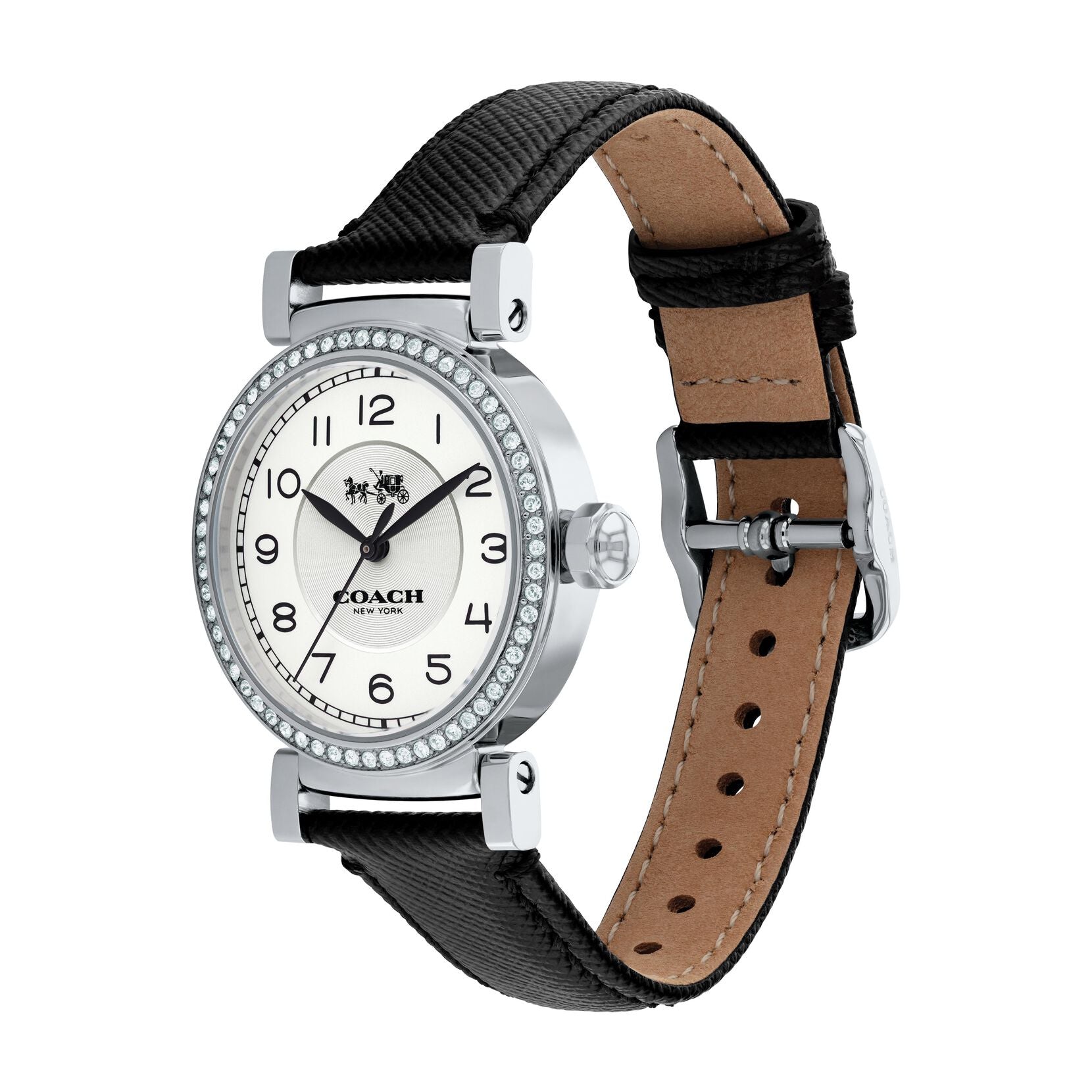 Coach Madison watch angled view showing silver case, black leather strap, and tan leather interior