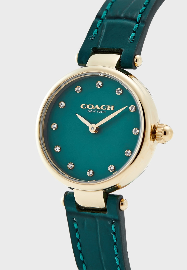 Coach Park watch angled view showing green dial with crystal markers and gold-tone lugs