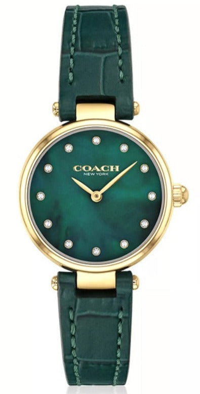 Coach Park ladies watch with green dial, gold-tone case, and green leather strap