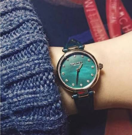 Coach Park watch worn on wrist displaying green dial and black leather band