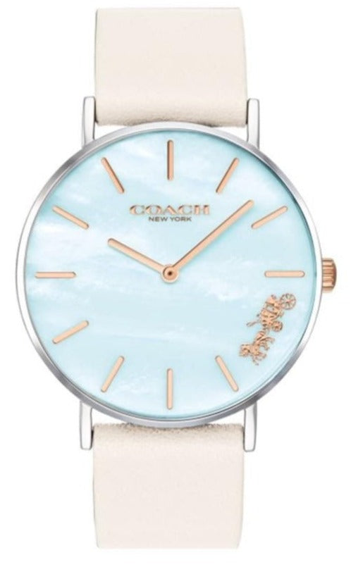 Coach Perry watch front view showing blue mother-of-pearl dial with rose gold indices