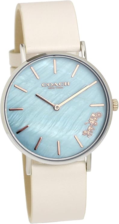 Coach Perry women's watch with blue mother-of-pearl dial and white leather strap