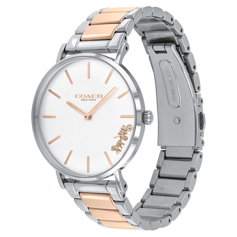 Coach Perry watch angled view showing silver and rose gold two-tone bracelet and dial detail