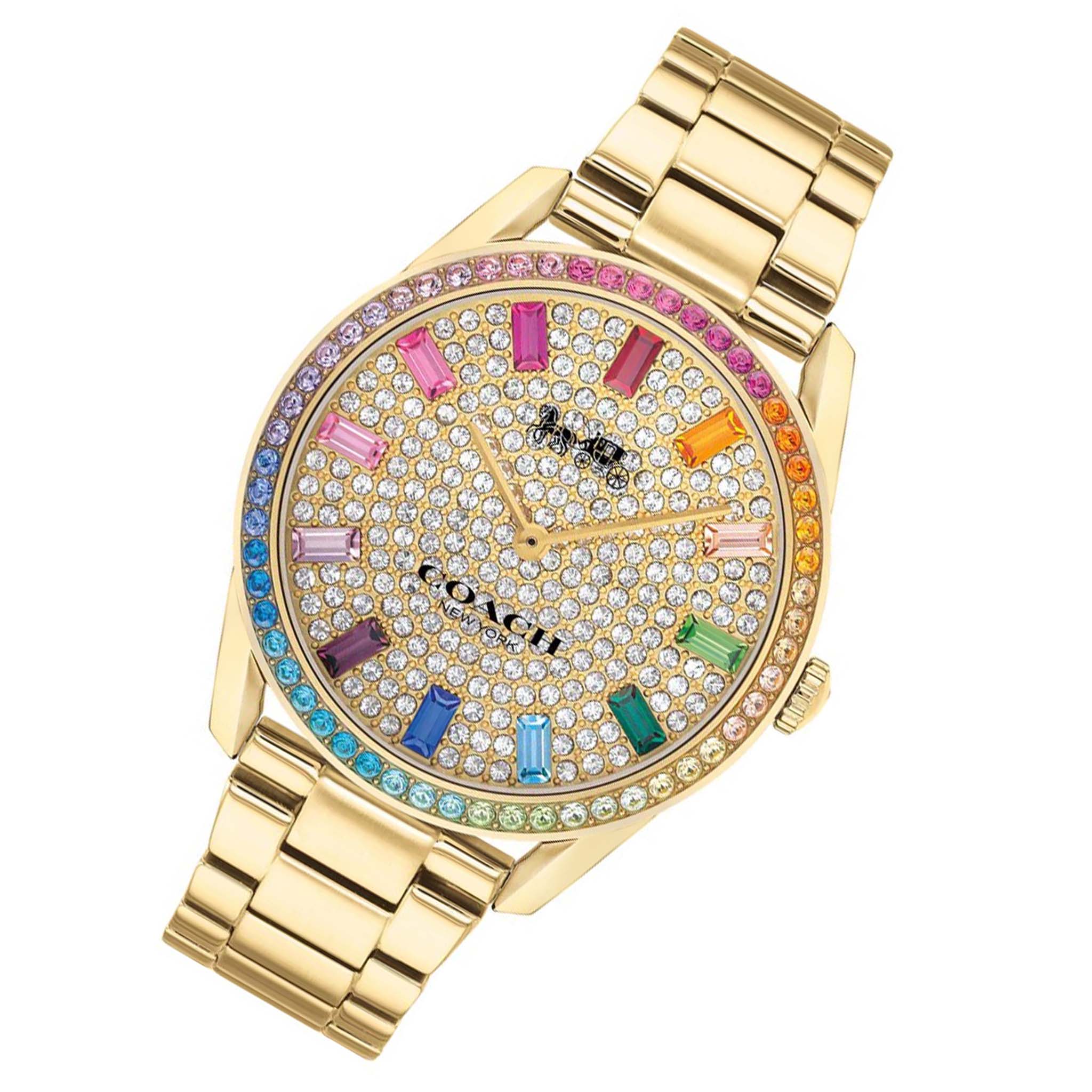 Coach Preston watch displayed at angle showing gold bracelet and gemstone-adorned dial face
