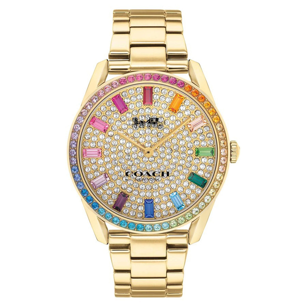 Coach Preston gold-plated steel watch with crystal-set dial and colorful gemstone hour markers