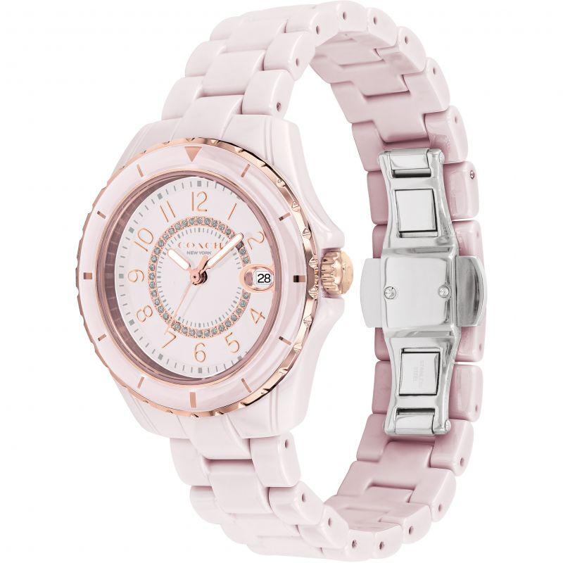 Coach Preston pink ceramic watch at angle showing dial with date window and bracelet band
