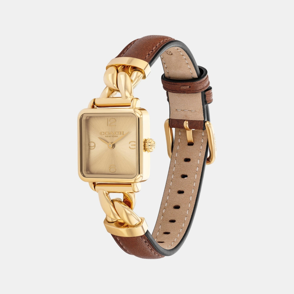 Side view of Coach Ladies Watch showing square case profile and chain-link bracelet design