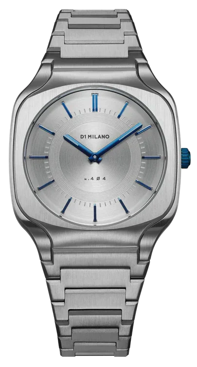 D1 Milano SQBJ01 silver square watch with blue hands and silver dial, front view