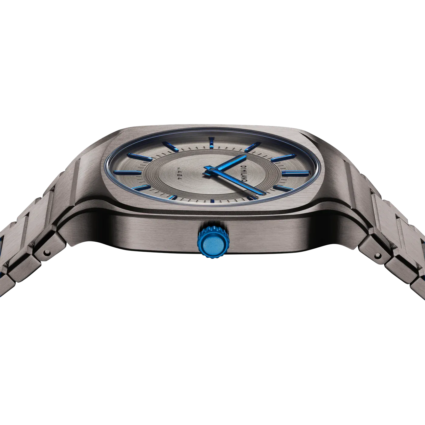 D1 Milano Square titanium watch angled view showing case and integrated bracelet