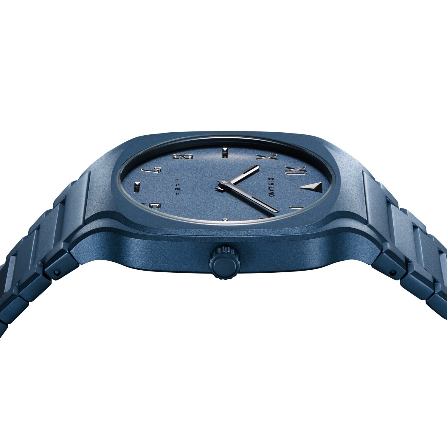 D1 Milano Square Galaxy Blue watch dial close-up showing minimalist indices and hands