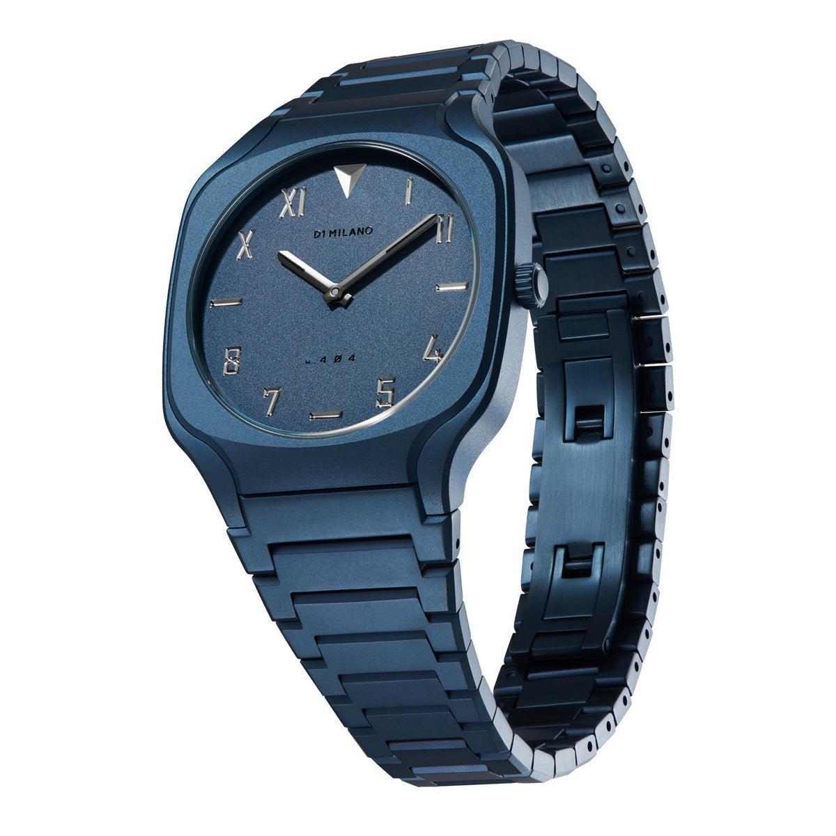 D1 Milano Square Galaxy Blue watch dial detail with Roman and Arabic numerals