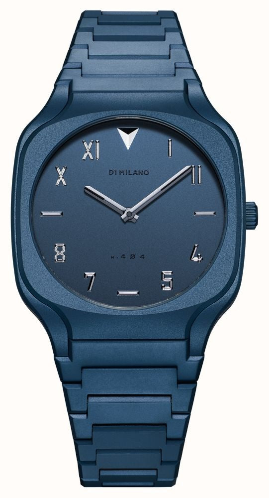 D1 Milano Square Galaxy Blue watch front view with blue dial and steel bracelet