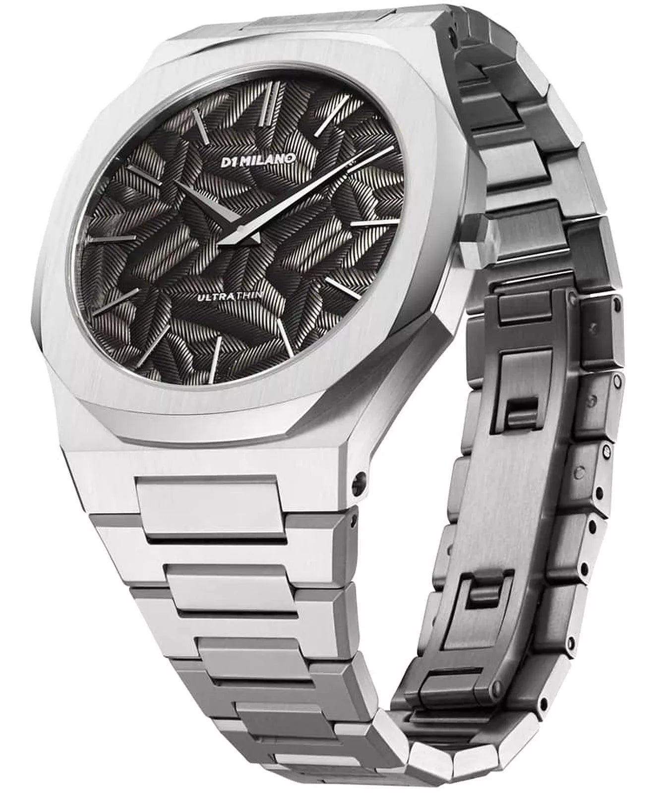 Side view of D1 Milano Ultra Thin Ashfield watch with stainless steel bracelet