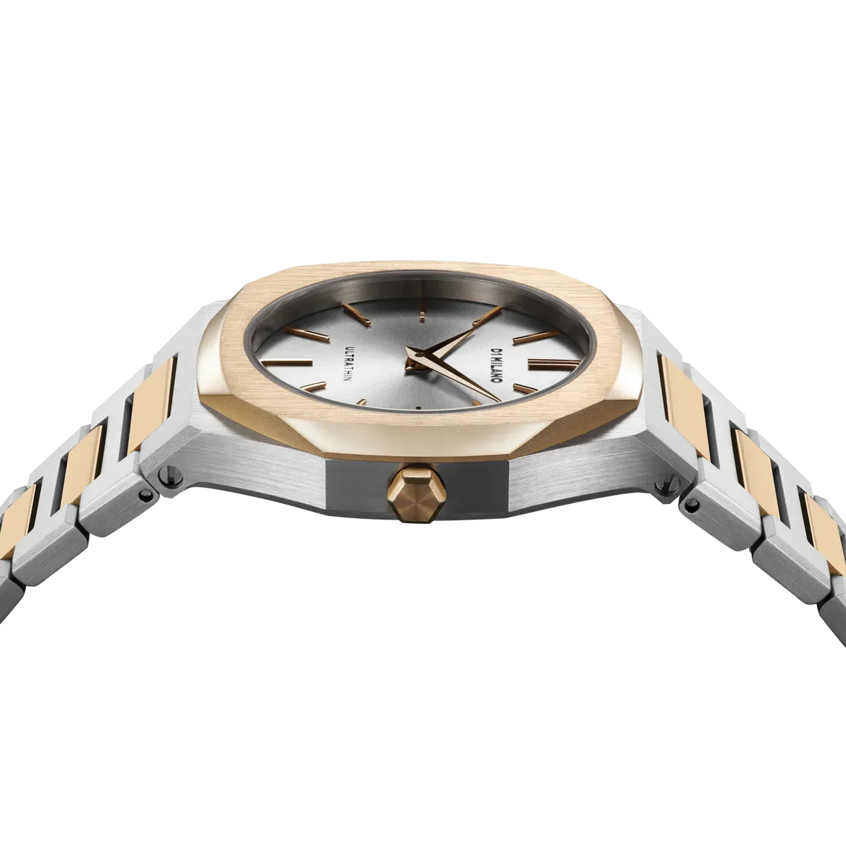 Angled side view of D1 Milano Ultra Thin Edge watch with two-tone stainless steel bracelet