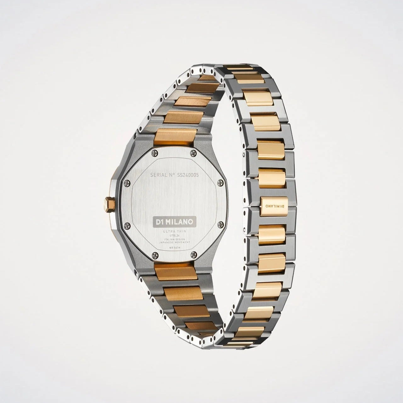 D1 Milano Ultra Thin Edge watch angled view displaying full two-tone bracelet and thin profile