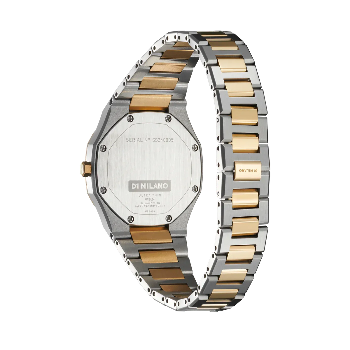 Caseback of D1 Milano Ultra Thin Edge watch showing engraved brand name and serial number