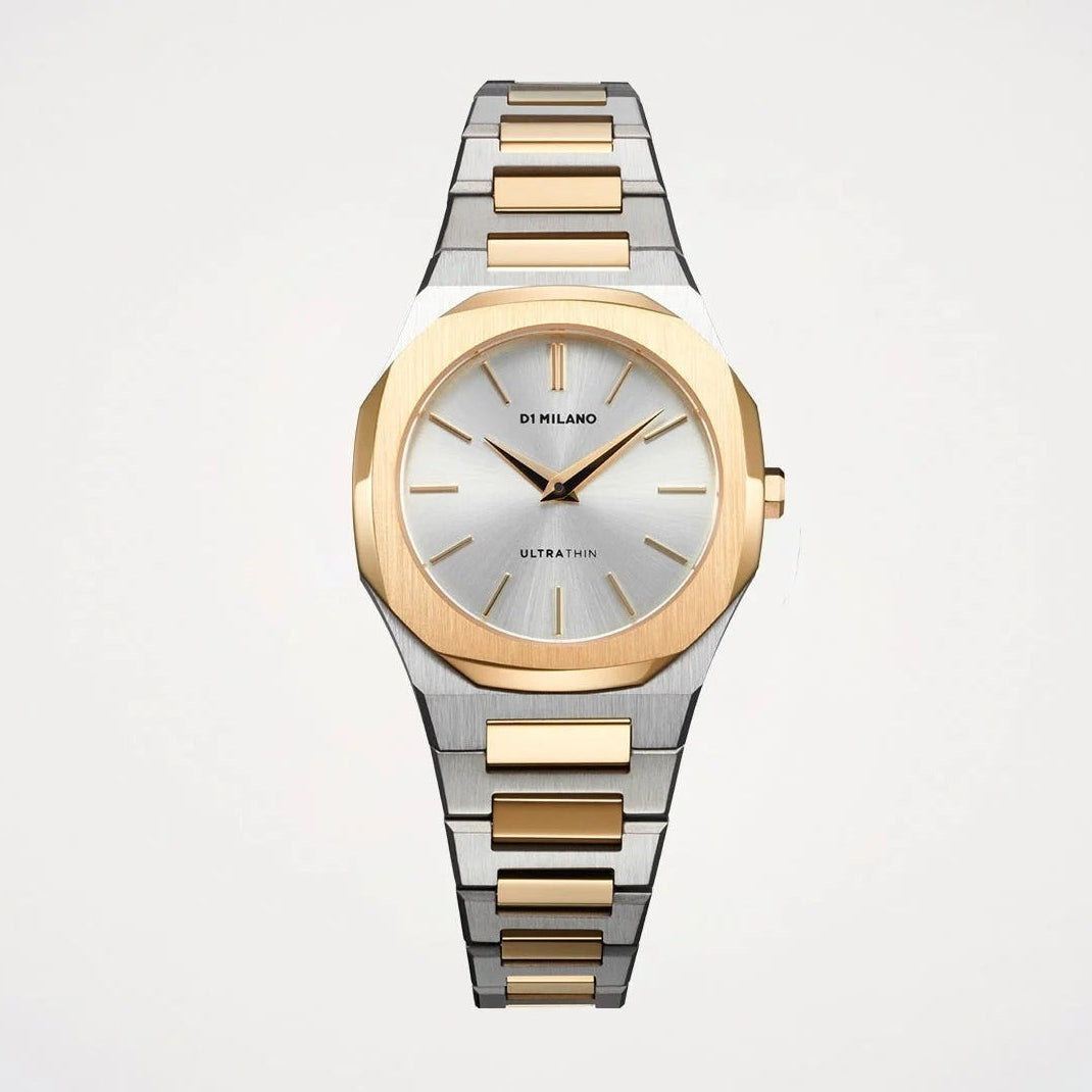 Front view of D1 Milano Ultra Thin Edge watch with rose gold bezel and mixed metal bracelet