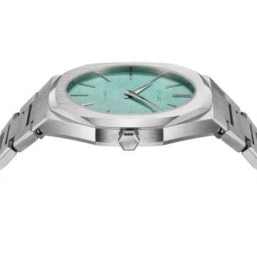 D1 Milano Ultra Thin UTBJ19 angled view showing watercolor green dial and steel case
