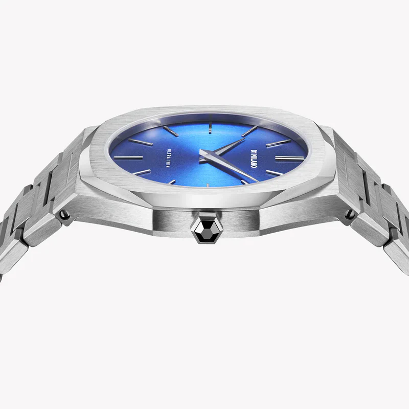 D1 MILANO UTBJ09 watch angled view showing blue sunburst dial and case profile