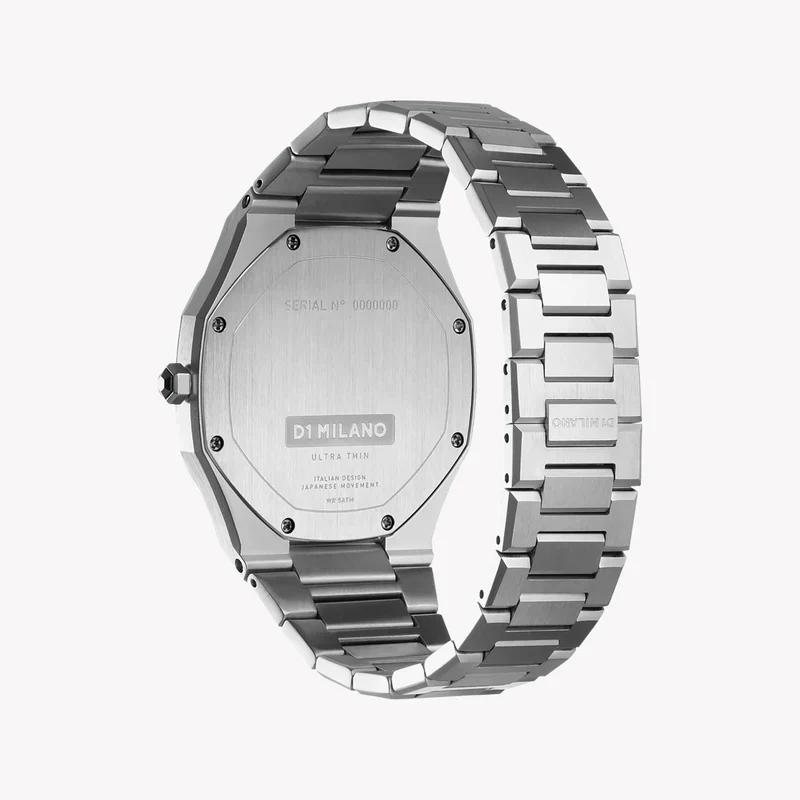 D1 MILANO UTBJ09 side view showing caseback and stainless steel bracelet