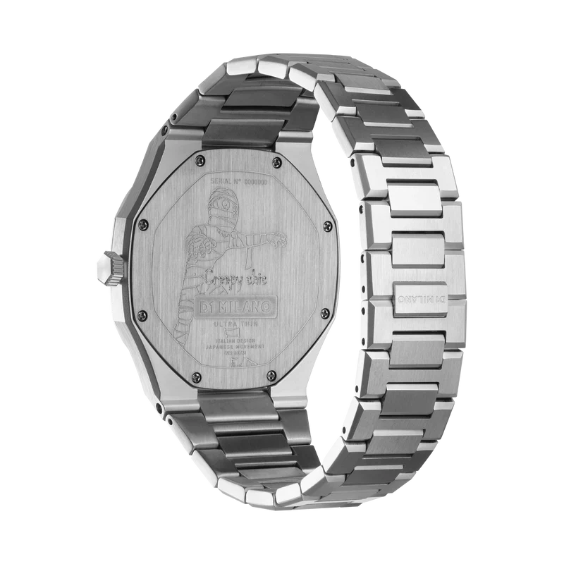 D1 Milano UTBJ17 caseback showing engraved design and steel construction