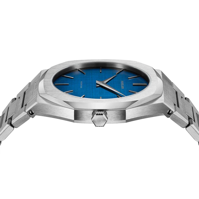 D1 Milano UTBJ17 side view showing ultra-thin case profile and blue dial