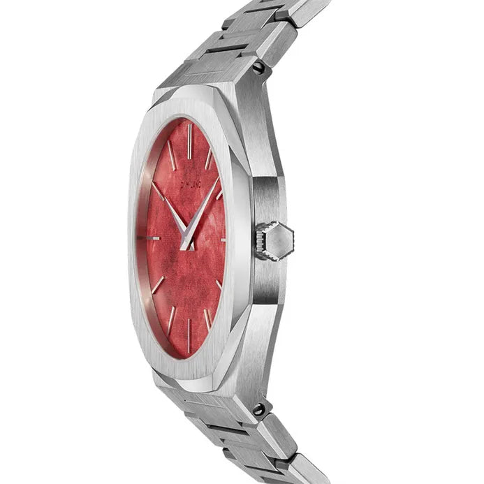 D1 Milano Ultra Thin watch side profile with red watercolour dial and stainless steel bracelet