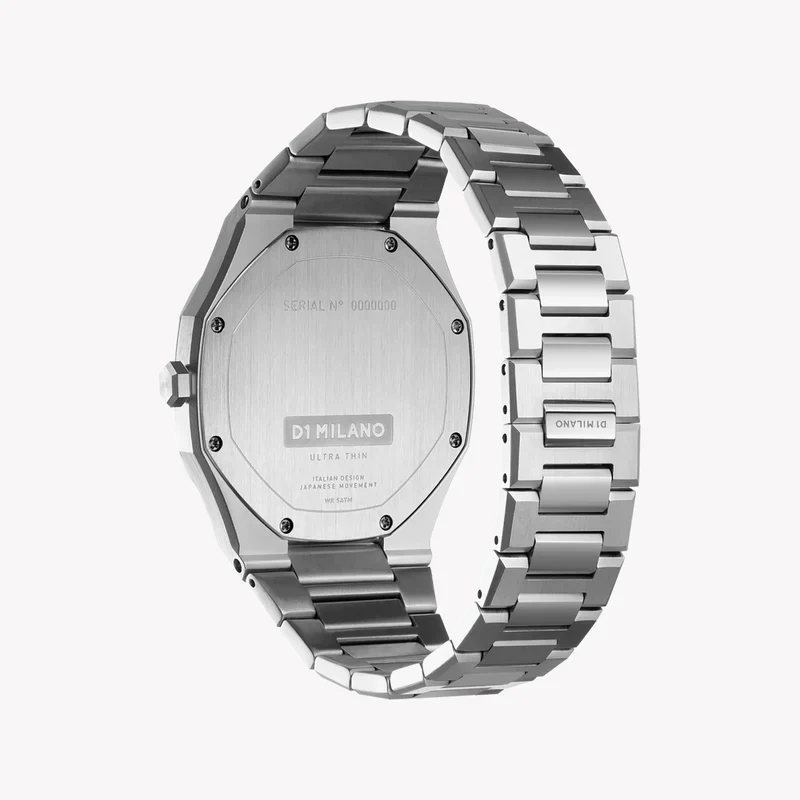D1 Milano watch caseback and stainless steel bracelet detail