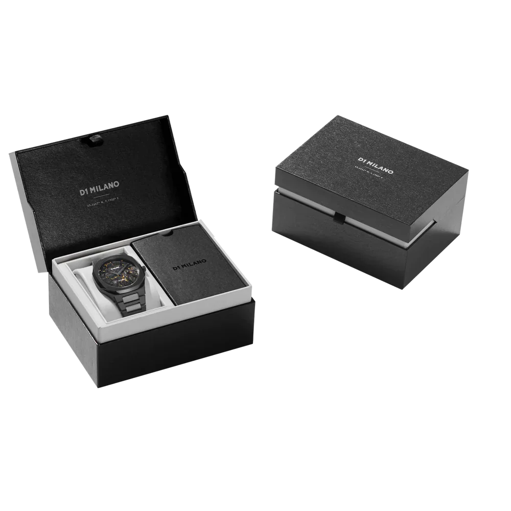 D1 Milano Ultra Thin UTBJ31 luxury black watch box packaging and accessories