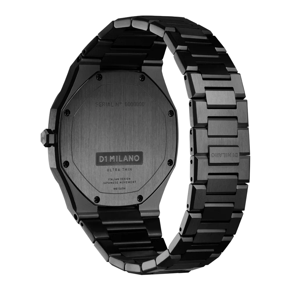 D1 Milano Ultra Thin UTBJ31 caseback showing DLC black stainless steel with engraving
