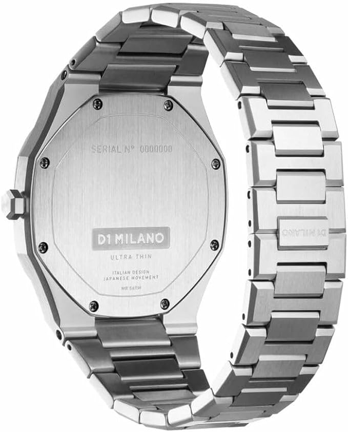 D1 Milano UTBJ33 stainless steel caseback and bracelet side view