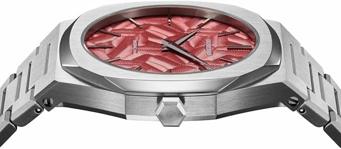 Close-up of D1 Milano red textured dial with silver hands and hour markers
