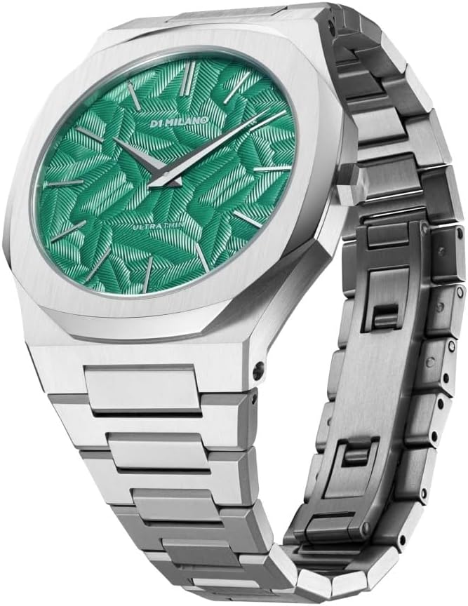 Side angle view of D1 Milano Ultra Thin watch showing thin profile and stainless steel bracelet