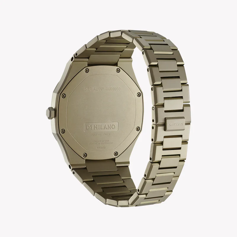 D1 Milano UTBJ36 caseback showing gold stainless steel backing and integrated bracelet