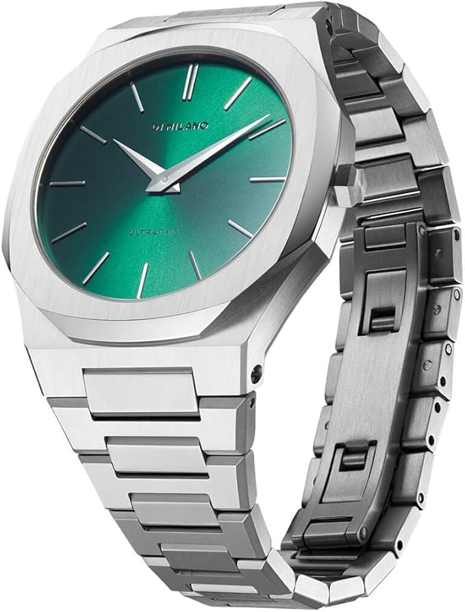 D1 Milano UTBJ37 watch side view showing ultra-thin profile and steel bracelet
