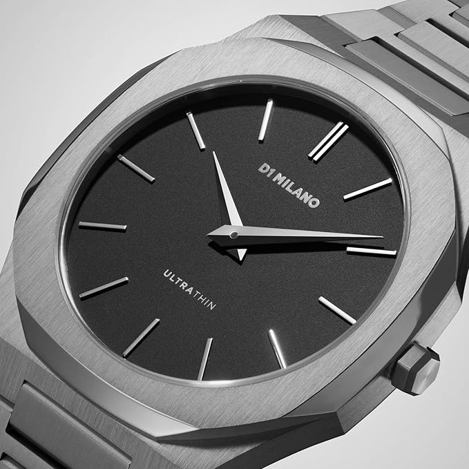 D1 Milano Ultra Thin watch close-up of dial with white hands and minimalist hour markers