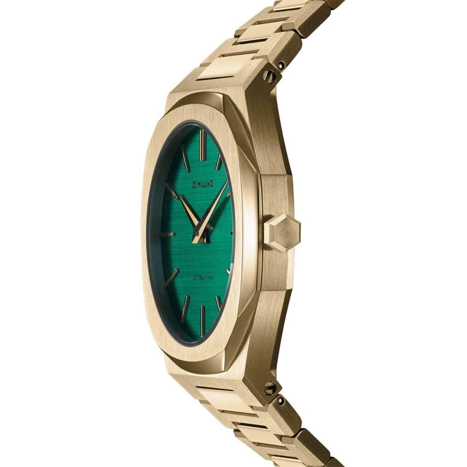 D1 Milano UTBL18 angled view showing green dial and gold case profile