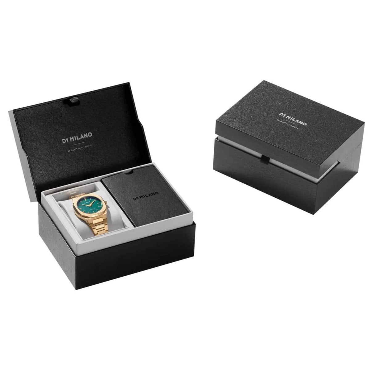 D1 Milano UTBL18 watch with green dial and gold strap in black presentation box