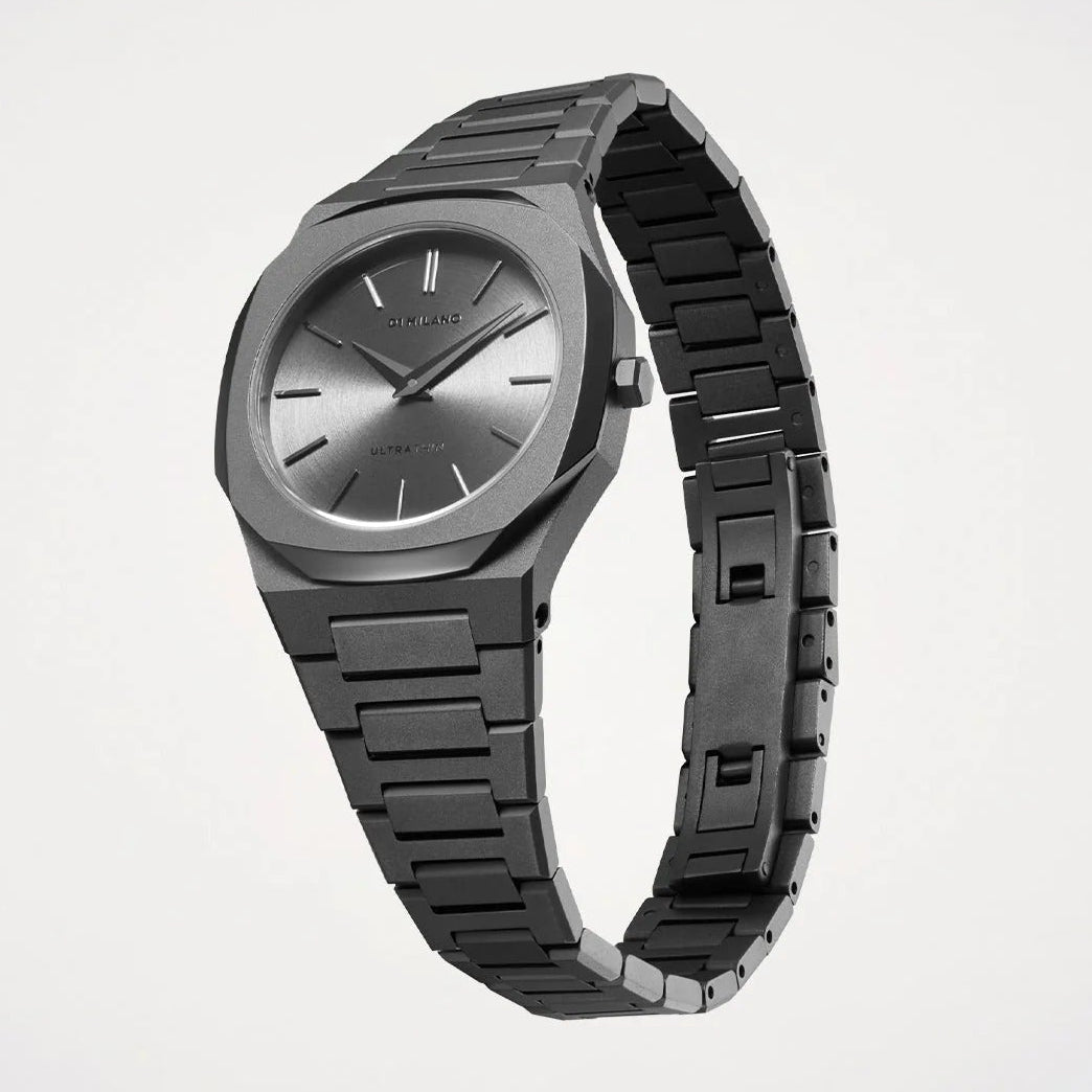D1 Milano Ultra Thin Ultimate Grey 30mm watch angle view showing case and bracelet