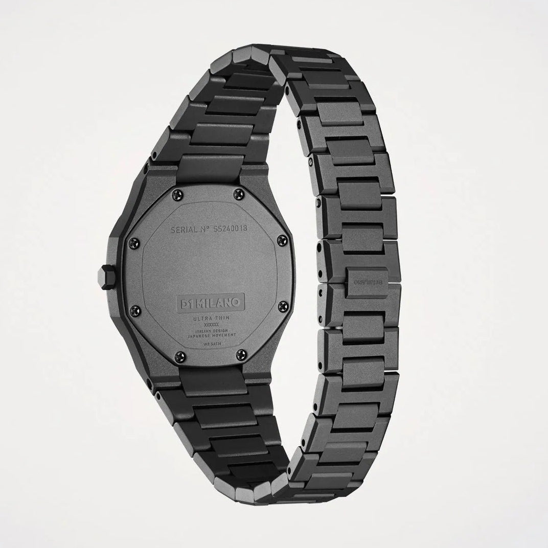 D1 Milano Ultra Thin Ultimate Grey 30mm watch caseback showing gunmetal finish and branding