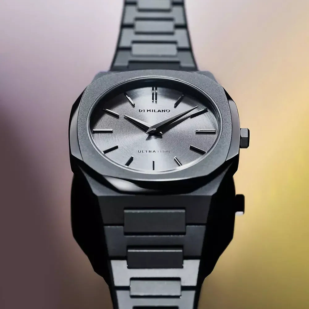 D1 Milano Ultra Thin Ultimate Grey 30mm watch centered dial view with gradient background