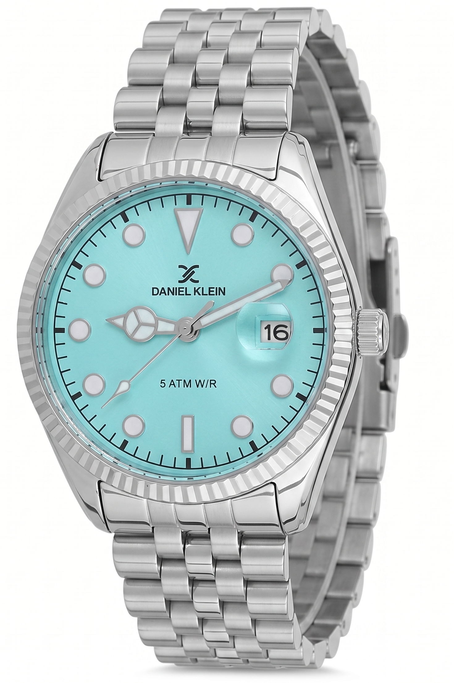 Daniel Klein Premium silver mens watch with turquoise blue dial and date window