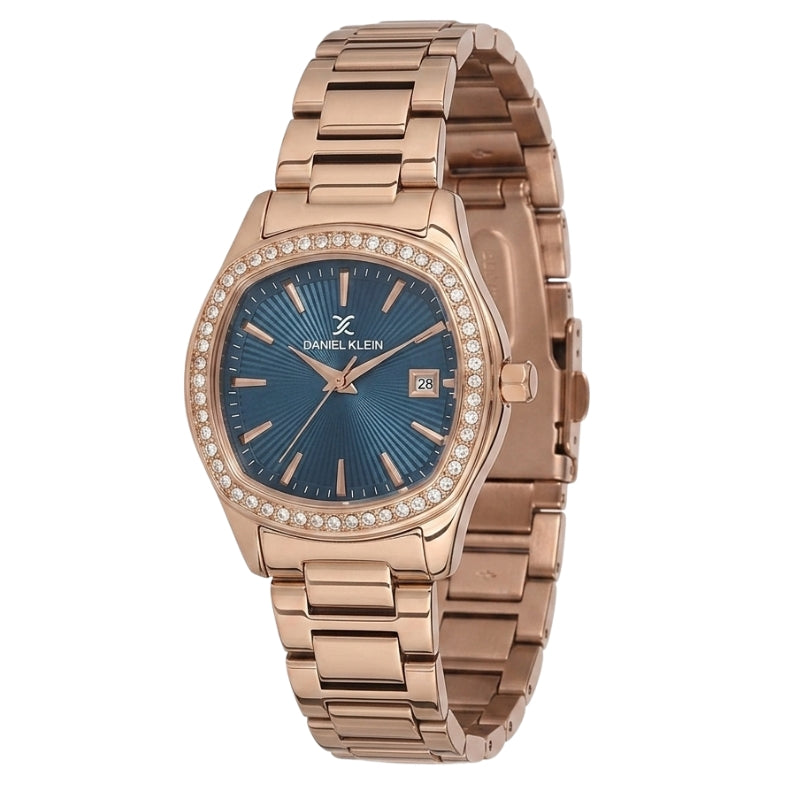 Daniel Klein rose gold watch with navy blue dial and crystal-set bezel on matching bracelet