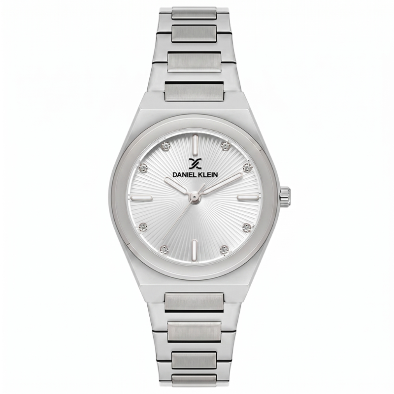 Daniel Klein silver watch with white dial and three hands, silver stainless steel band