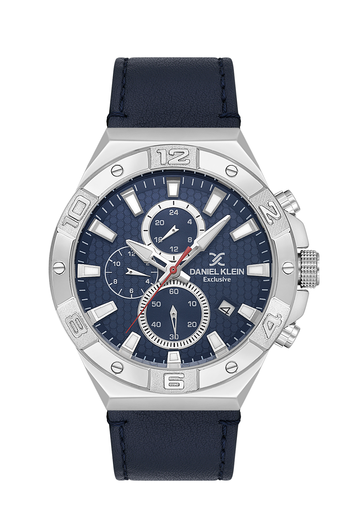 Daniel Klein Exclusive chronograph watch with blue dial, silver case, and navy leather strap
